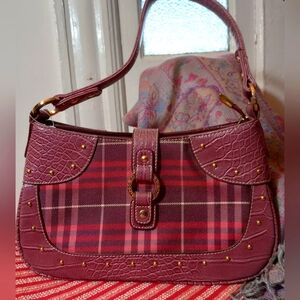 ArDES Design Canvas, Leather Plaid Shoulder Bag Purple & Red 11x6.5x4